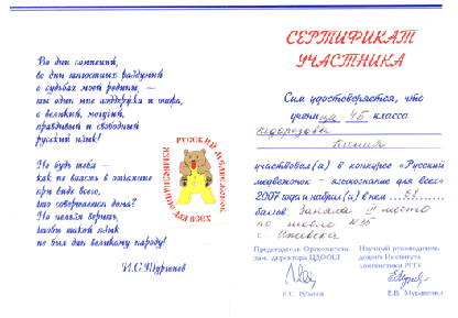 Сертификат участника в конкурсе "Русский медвежонок"